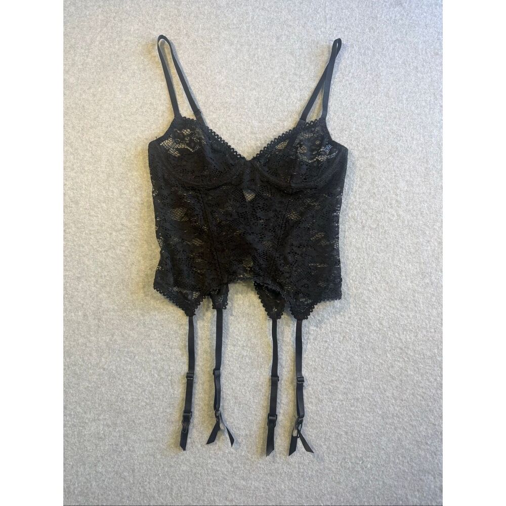 Adore Me black lace whimsigoth bustier attached garter straps M